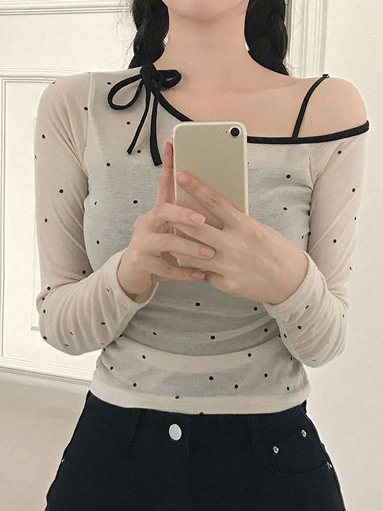 DAZY 撞色不对称领口露肩不对称设计紧身波尔卡圆点女式T恤，秋季衣服长袖女式上衣 - 杏色 - 查看 3