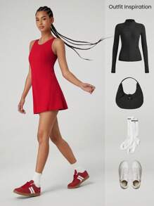 GLOWMODE FeatherFit™-Air Peekaboo 镂空口袋多功能运动连衣裙，内置短裤，轻度支撑，低冲击瑜伽，日常夏季速干，吸湿排汗 - Fiery Red - 查看 8