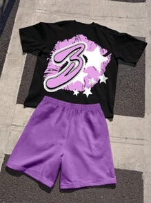 Manfinity EMRG Men's Casual Graphic Letter Print Short Sleeve T-Shirt And Shorts Set