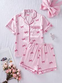 SHEIN 少女粉色蝴蝶印花上衣，带领带和系带，长袖和长裤 2 件套睡衣套装，优雅风格