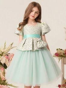 SHEIN Girls' Puff Sleeve Short Printed Dress, New Arrival - Blue - View 3