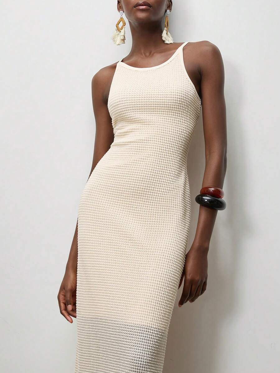 Lumivelle Summer Minimalist Textured Knit Camisole Dress - Apricot - View 1