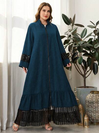 Al Najma Bata abaya holgada de manga larga con lentejuelas bordadas, talla grande, corte regular, para primavera/otoño, diseño modesto