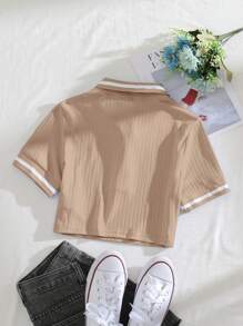 Franclia 休闲简约撞色镶边短款T恤，夏季 - 杏色 - 查看 2