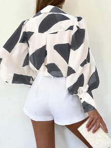 INAWLY 女士优雅几何印花灯笼袖衬衫，春夏 - 深灰色 - 查看 2