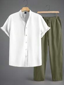 Manfinity BRENVOR 2pcs Men's Woven Fitted Raglan V-Neck Short Sleeve Casual Shirt Set, Cozy Outfits - Army Green - View 1