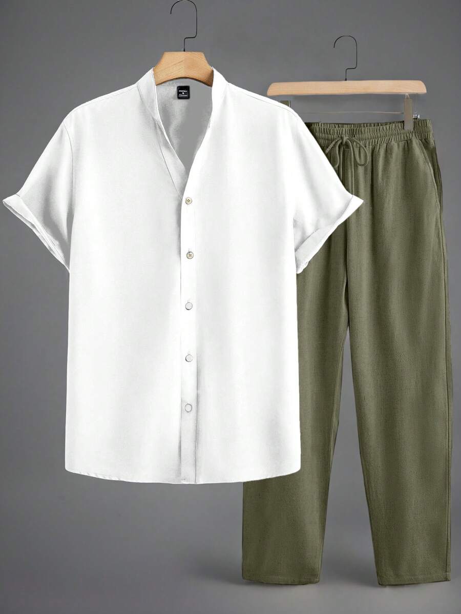 Manfinity BRENVOR 2pcs Men's Woven Fitted Raglan V-Neck Short Sleeve Casual Shirt Set, Cozy Outfits - Army Green - View 1