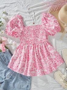 Teens' Girl Tiered Puff Sleeve Button Down Shirt With Printed Pattern