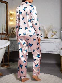 SHEIN Silk-Like Butterfly Print Lapel Long Sleeve Pajama Set - Baby Pink - View 2