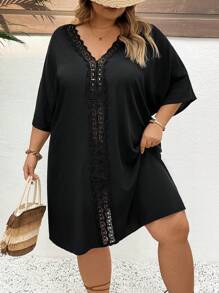 SHEIN CURVE+ Đầm che tay cánh dơi phối ren Guipure cỡ lớn phong cách Boho Holiday - màu đen - Xem 7