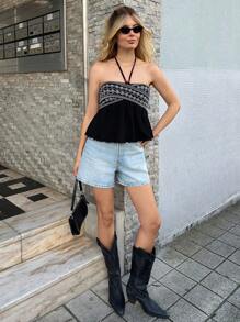 SHEIN Forever 21 Áo sơ mi cổ yếm tối giản dành cho nữ, phù hợp cho mùa hè - màu đen - Xem 5