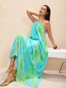 BY FELIZIA 蓝绿色夏季雪纺印花串珠露背性感长裙海边度假派对连衣裙 - 彩色 - 查看 5