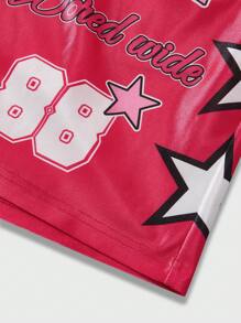 ROMWE MEN Prep 2pcs Men's Jersey V-Neck Letter Print Short Sleeve T-Shirt And Draw String Five-Pointed Star Print Shorts Set