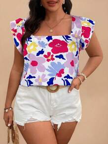 SHEIN VCAY Plus Size Floral Print Cropped Sleeve Square Neck Blouse