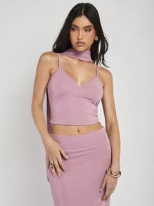 COSMINA Women's Simple Cropped Camisole Top And Split Hem Skirt 2 Pieces Set, Summer - Dusty Pink - View 4