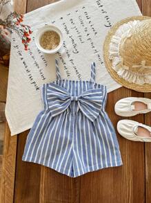 女宝宝夏季可爱休闲蓝白条纹蝴蝶结吊带连体衣 - 藍色 - 查看 7