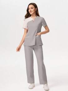 TaskEZ Contrast Color Block Short Sleeve Pants Scrub Uniform Set,Women Tops Summer Work Clothes Women Set Scrub Sets For Women Professional Clothes Women Sets Casual Sets For Women - Light Grey - View 1