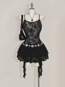 SHEIN ICON Plus Size Round Neck Lace Strap Dress, Double Layer Ruffle Hem Strap Dress, For Music Festival - Black - View 9