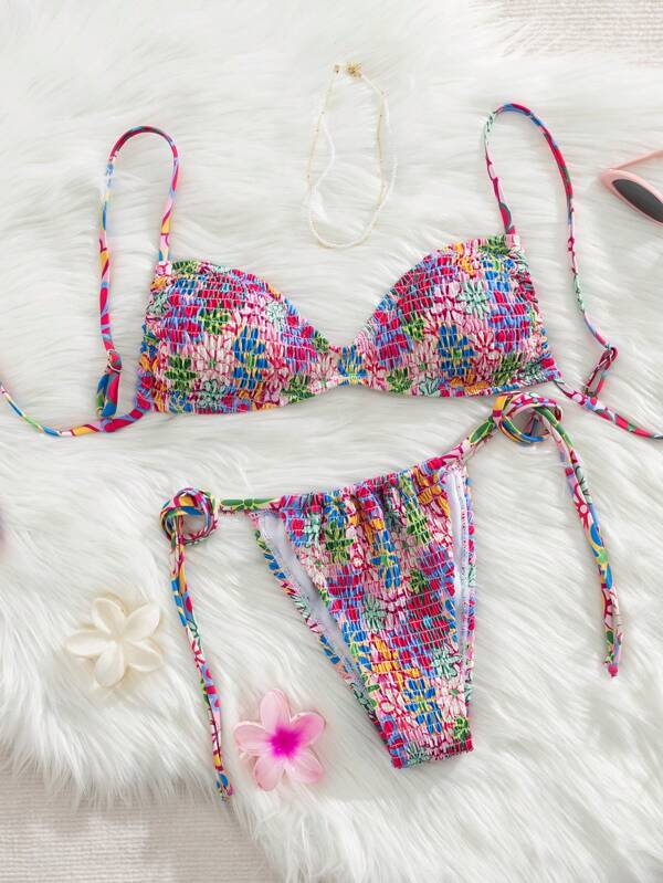SHEIN Swim Tropical Plant Print Shirred Pleated Triangle Sweet Sexy Bikini Swimsuit Women 2 Pieces Set, No Wire, For Vacation