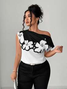 Elenzga Plus Size Asymmetric Collar Elegant Short Sleeve Printed Shirt