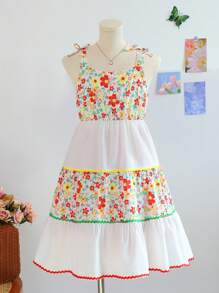 SHEIN 少女色彩鲜艳的花卉图案吊带连衣裙，适合春季 - 白色 - 查看 8