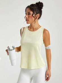 Easithlete Áo ba lỗ tập yoga thể thao lưới chắp vá dành cho nữ - Màu vàng - Xem 4