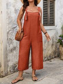 SHEIN LUNE Plus Size Drawstring Pocket Decor Straight Jumpsuit - Redwood - View 4