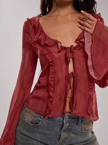 SHEIN BAE Blusa elegante de manga larga con cuello de volante y corbata de unicolor para mujer - Rojo - Ver 3