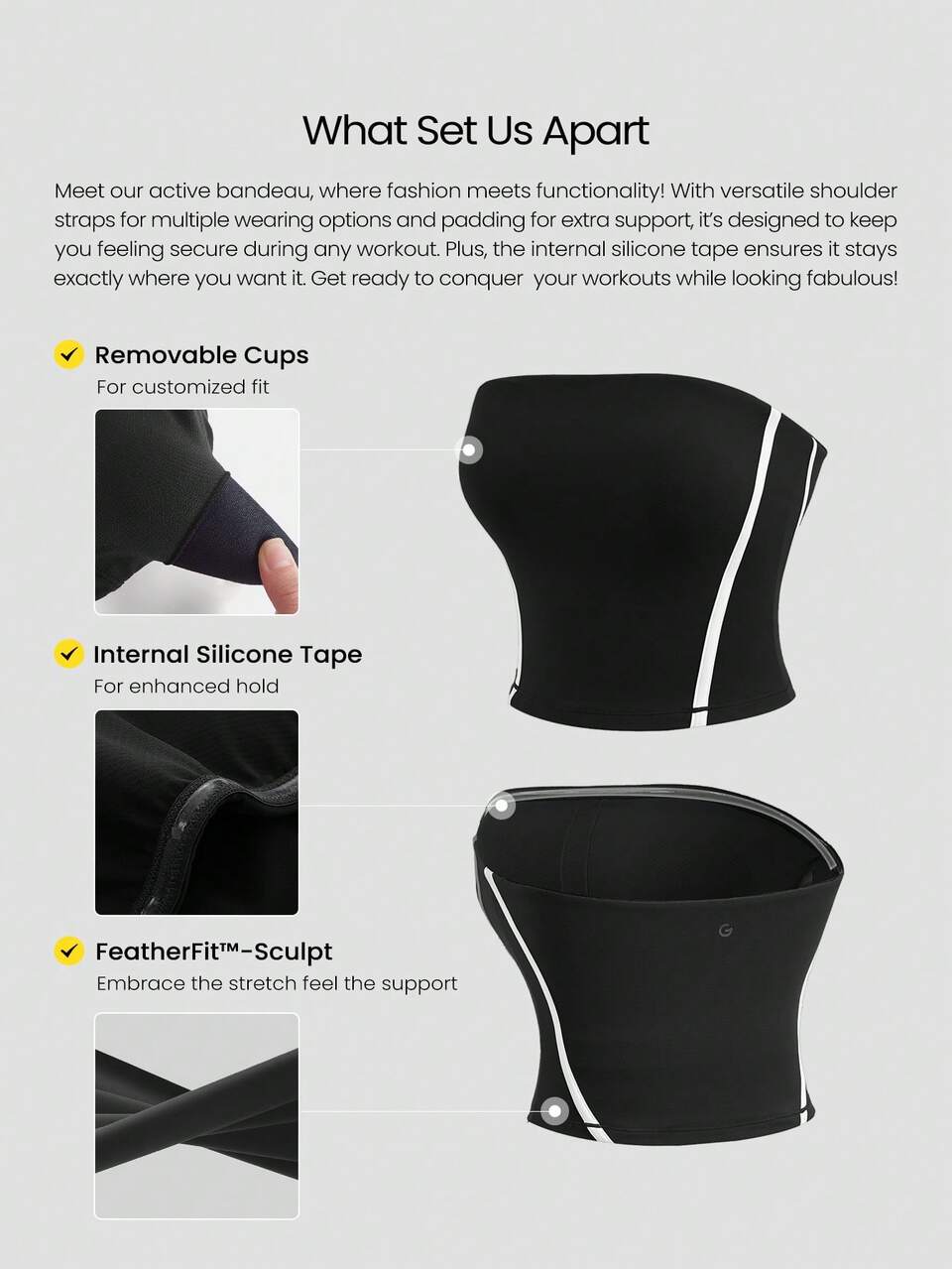 FeatherFit™-Sculpt Contrast Strip Corset Anti-Slip Cropped Tank Tube Top Low Impact Yoga Pilates Daily Casual Wear Removable Cups