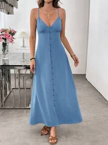 SHEIN LUNE Đầm màu xanh lá cây nhạt, chất liệu giống vải lanh, thân thiện với da, thích hợp cho kỳ nghỉ hè của nữ, kiểu dáng thường ngày. - Màu xanh lam - Xem 3