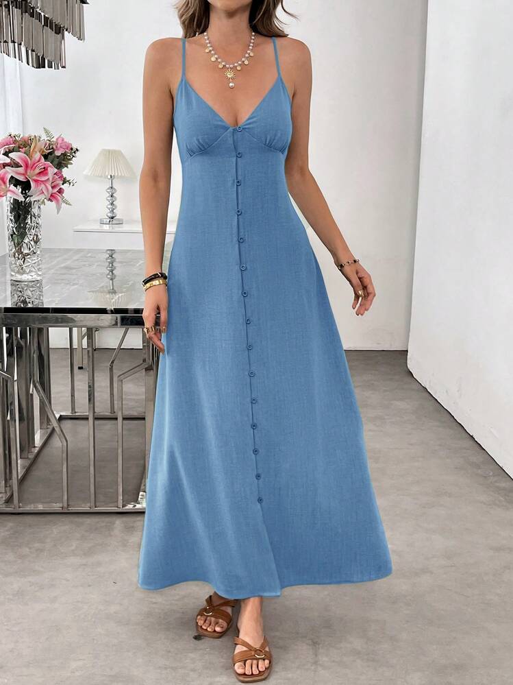 SHEIN LUNE Đầm màu xanh lá cây nhạt, chất liệu giống vải lanh, thân thiện với da, thích hợp cho kỳ nghỉ hè của nữ, kiểu dáng thường ngày. - Màu xanh lam - Xem 3