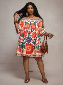 Slaydiva 2025 春夏新品大码露肩花卉印花休闲度假连衣裙波西米亚风女装女装波西米亚风连衣裙女装墨西哥风连衣裙女装女装波西米亚风狂欢服装音乐节