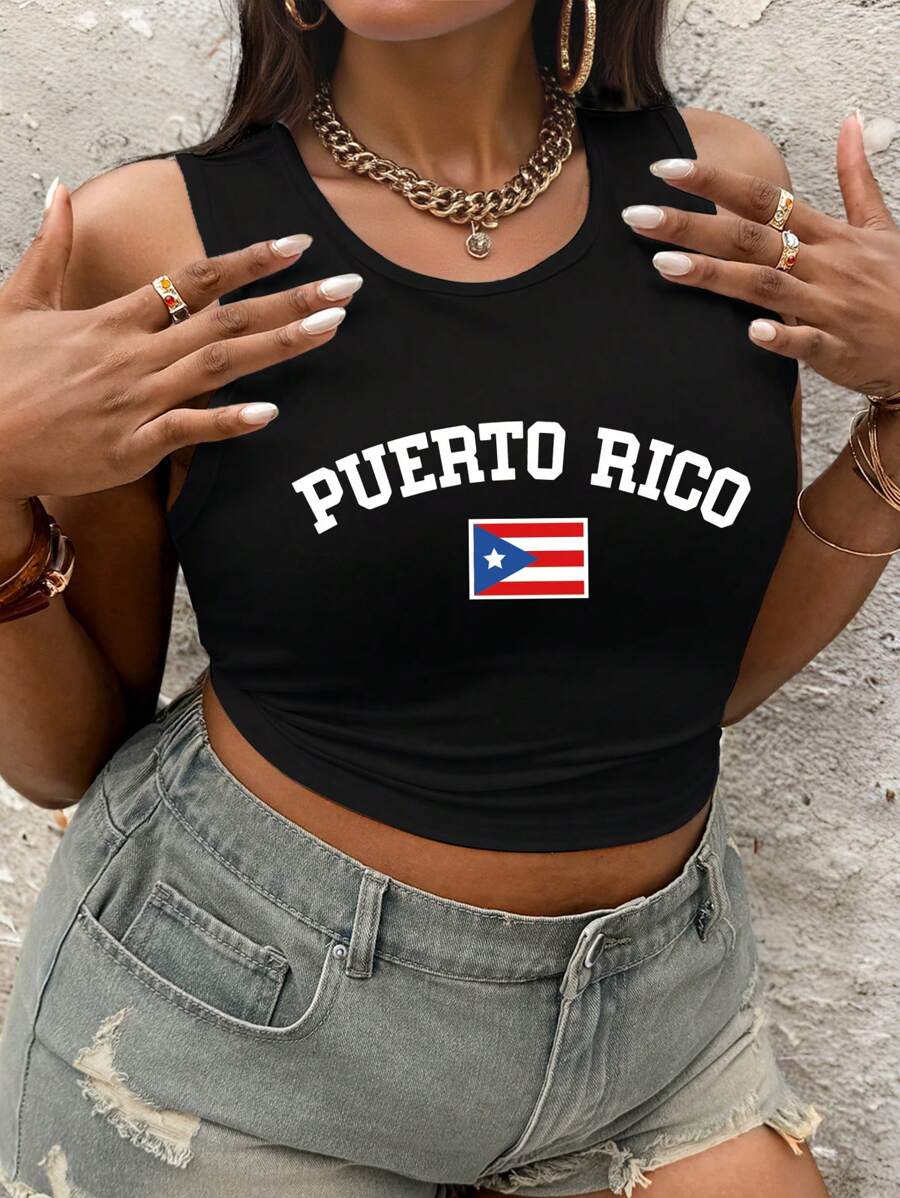 Flirla Áo ba lỗ họa tiết cờ Puerto Rico cỡ lớn mùa hè dành cho nữ - màu đen - Xem 1