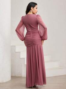 Veilorie Đầm bodycon nhún bèo tay đèn lồng màu hồng sen, vải chiffon - Bụi hồng - Xem 4