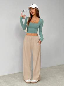 SHEIN PETITE Pantalones de casa tejidos suaves y blancos, pantalones holgados - Caqui - Ver 7