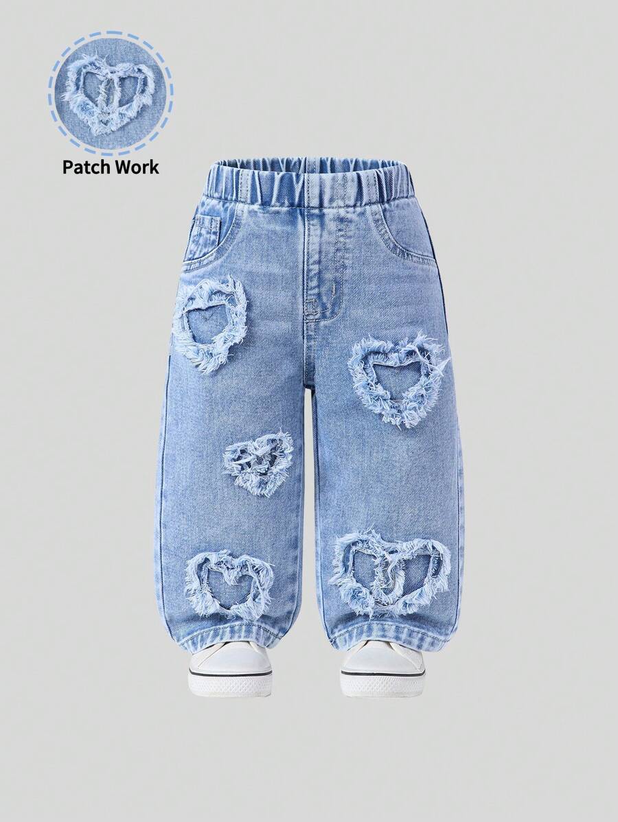 SHEIN Playful Pals Baby Girl Denim Casual Urban Light Wash Fully Elastic Waist Heart Patch Embroidered Wide Legs Pants The Best Daily Fashion - Light Wash - View 1