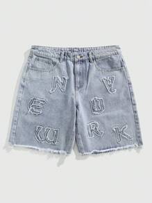ROMWE MEN Street Life 男士休闲水洗字母刺绣做旧牛仔短裤 - 藍色 - 查看 1