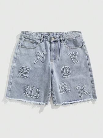 Street Life Pantaloncini di jeans casual da uomo con lavaggio, ricamo a lettere e effetto consumato