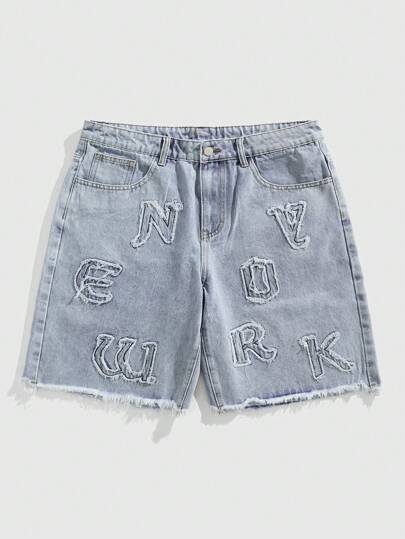 Street Life Men's Casual Washed Letter Embroidery Distressed Denim Shorts