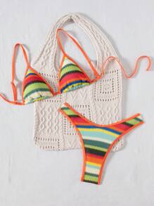 Swim Vcay Women's Crochet Bohemian Multicolor Mesh Trim Triangle Top Backless Two Pieces Bikini Swimsuit, Fashion Party Sexy Split Swimwear For Beach Holiday Summer - Multicolor - View 5