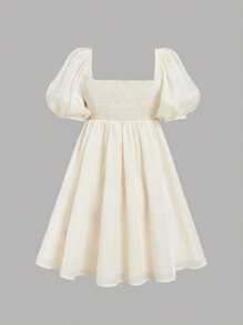 SHEIN MOD Women's Cream-Colored Mini Square Neck Bow Decor Puff Sleeve Dress,Summer Outfits,Babydoll Women Dress,Butterfly Dress - Apricot - View 2