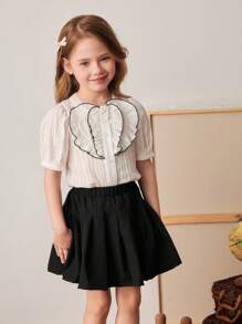PrepCrw Conjunto de blusa blanca con volantes y falda plisada azul marino estilo escolar de primavera/verano para niñas jóvenes - Blanco y Negro - Ver 4