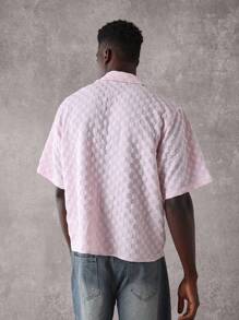 SUMWON Designer Boxy Fit Textured Summer Shirt Cuban Collar Classic Checkerboard Pattern Casual Resort Vacation Button Down Holiday Wear Short Sleeve - Pink - View 3