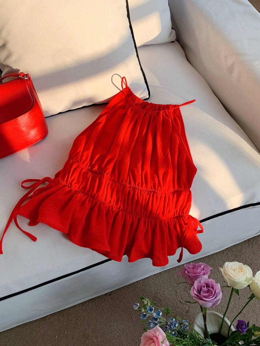 Comfortcana 女式夏季纯红色露背侧缝系带背心,适合街头度假穿着 - 紅色 - 查看 1