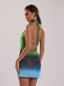 SHEIN BAE 女士性感度假沙滩装夏季装摇摆音乐节装领绿色渐变印花夏季西米裙 - 藍色 - 查看 2