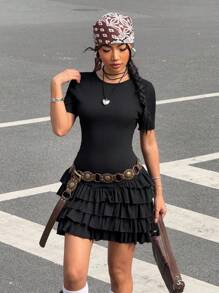 SHEIN EZwear Music Festival Women Outfits  Women's Black Crew Neck Short Sleeve Layered Ruffle Hem Fashionable Mini Dress - Black - View 4