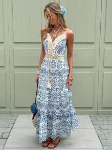 SHEIN Frenchy Vestido largo de mujer con tirantes de espagueti, bordado y encaje en color azul, vestido de mujer para vacaciones de verano y uso diario, vestido de mujer elegante para vacaciones en la playa, vestido largo estampado en azul y blanco, vestido largo estampado en azul celadón, vestido bohemio de mujer para el verano