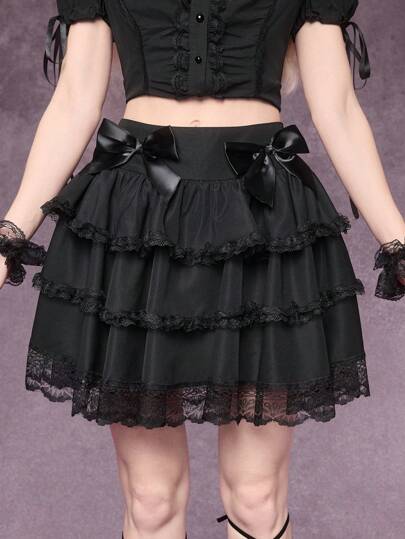 Goth Falda con volantes y decoración de moño estilo gótico para mujeres