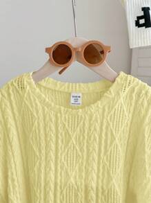 SHEIN Tween Girls' Oversized Casual Crewneck Pullover Textured Fabric Short Sleeve Cropped T-Shirt - Yellow - View 5
