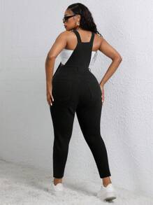 SHEIN CURVE+ 大码女式秋季牛仔背带裤，紧身黑色牛仔连体裤 - 黑色 - 查看 2